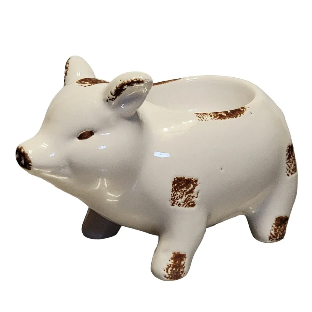 Ceramic Pig LED Tealight Votive Candle Holder White Brown Distressed Farmhouse